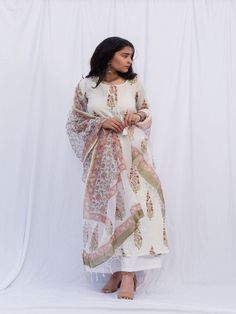 Laal Butta Thappa Suit Set (Set of 3) By Shrinkhala now available at Trendroots Chanderi Dupatta, Beautiful Sunny Day, Printed Suit, A Line Kurta, Printed Kurti, Creme Color, Indian Designer Outfits, Suit Set, Bohemian Dress