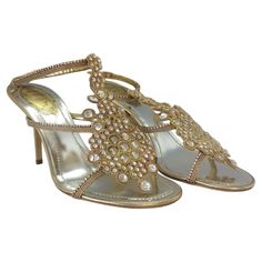 Fantastic René Caovilla crystals sandals Jewel Sandals High sandals Applied crystals Gold color Macramé lace Ankle strap Heel height cm 9 (3,54 inches) Worldwide fast shipping included in the price Jewel Sandals, Macrame Lace, High Sandals, Crystal Sandals, Jeweled Sandals, Italian Shoes, Croc Leather, Bow Heels, Black Leather Heels