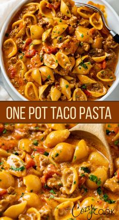 one pot taco pasta with ground beef and shells One Pot Taco Pasta, Taco Pasta Recipes, Ground Beef Pasta Recipes, Beef Pasta Recipes, Ground Beef Pasta, Taco Pasta, Pasta Dinner Recipes, Hams, One Pot Pasta