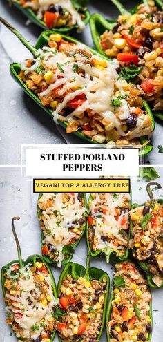 stuffed poblaano peppers with mexican toppings on top and in the background, there are