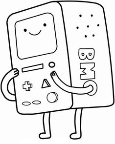 a black and white drawing of a cartoon character holding up a cell phone with the letter m on it