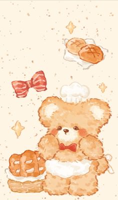 a painting of a teddy bear holding a pretzel and wearing a bow tie