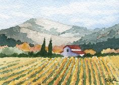 a watercolor painting of a farm with mountains in the background and trees on either side