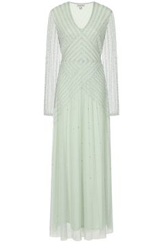 A timeless silhouette, stitched with hundreds of silver beads in a geometric formation, the enchanting seafoam green Alberta is the perfect choice for wedding season! Designed with changeable spring weather mind mind, this maxi length gown features long sleeves and a full length lining. For a wedding-ready outfit, pair Alberta with silver jewellery and accessories. Green Wedding Dresses, Wedding Ready, Frock And Frill, Embellished Maxi Dress, Spring Weather, Embroidered Maxi Dress, Sequin Maxi Dress, Sequin Maxi, Green Maxi