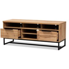 a wooden entertainment center with two drawers on one side and an open drawer on the other