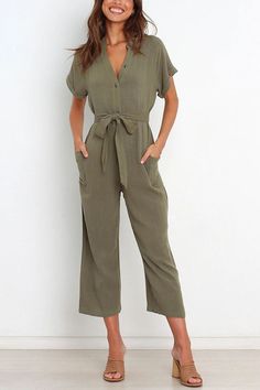 Details Size Chart Our distinctive clothing will add instant style to your wardrobe.. ? Length: Calf-Length Material: Polyester Sleeve Type: Short Sleeve Neckl Designer Jumpsuits, Linen Jumpsuit, Simplicity Patterns, Casual Jumpsuit, Wide Leg Jumpsuit, Knit Cotton, Color Khaki, Cotton Style, Casual Outfit