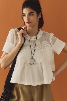 Cotton, polyester; polyester trim Pullover styling Hand wash Imported | Short-Sleeve Lace Poplin Swing Top by En Elly in White, Women's, Size: XL, Polyester/Cotton at Anthropologie Lace Blouse, 50 Fashion, Diy Embroidery, Western Outfits, Pullover Styling, Anthropologie, Womens Clothing Tops, Fashion Dresses, Street Style