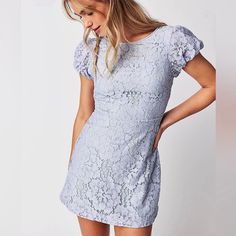 Free People Hailee Lace Dress Blue Xl Nwt Fitted Light Blue Lace Dress, Spring Blue Lace Dress, Feminine Light Blue Mini Dress With Short Sleeves, Light Blue Feminine Mini Dress With Short Sleeves, Light Blue Short Sleeve Feminine Mini Dress, Lace Dress Blue, Blue Lace Mini Dress, Blue Dress Women, Lace Blue Dress