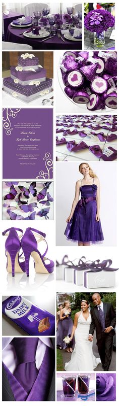 purple and white wedding colors are featured in this collage