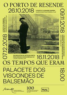 a poster with an image of a man standing in front of a bridge