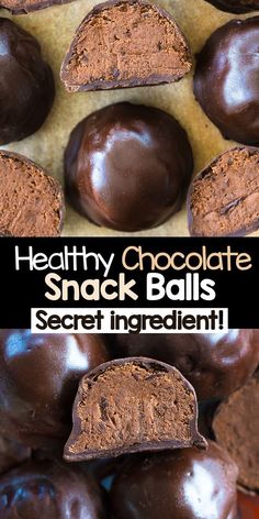 healthy chocolate snack balls with text overlay that reads, healthy chocolate snack balls secret ingredient