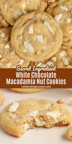 white chocolate macadamia nut cookies are stacked on top of each other