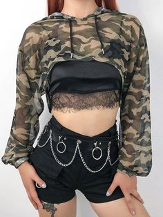 544523 Camouflage Tops For Fall Streetwear, Camouflage Hooded Top For Streetwear, Black Military Long Sleeve Tops, Black Long Sleeve Military Top, Casual Camouflage Hoodie Top, Super Cropped Hoodie, Hooded Crop Top, Ladies Tops Blouses, Camouflage Hoodie