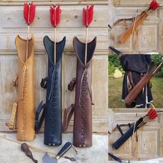 several different types of leather items hanging on a wall with arrows attached to the handles