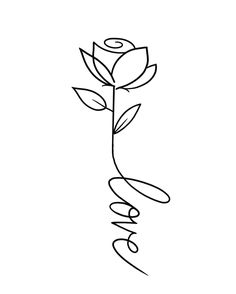 a single rose with the word love written in cursive writing, on a white background