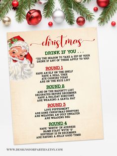 a christmas drink list with ornaments around it