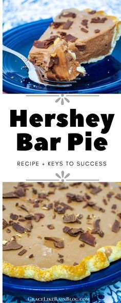 there is a pie with chocolate on it and the words hershey bar pie above it