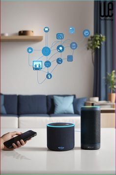 an image of a living room setting with the amazon echo speaker and home theater system