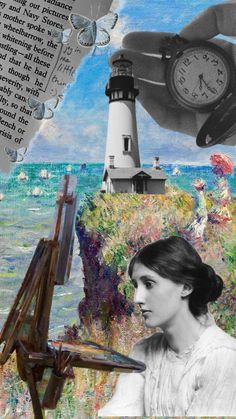 an artistic collage with a woman painting and a lighthouse in the background that has words written on it