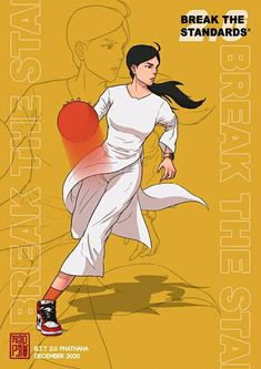 the poster shows a woman running with a red ball in her hand and an orange background