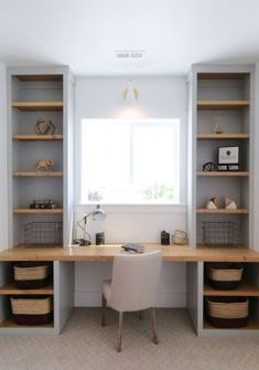 a desk and shelves in a room