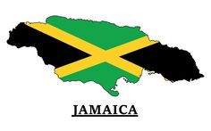 jamaica map with flag and name in black, yellow and green on white background stock photo