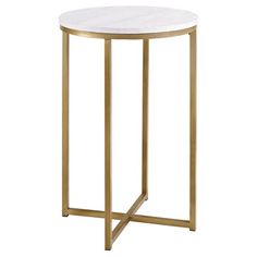 a white marble top side table with gold metal legs and a round shaped end table