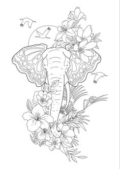 an elephant is surrounded by flowers and birds