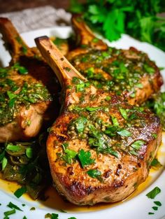 two pieces of meat covered in herbs on a white plate with green garnish