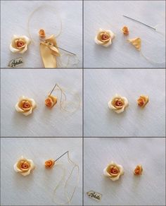 four pictures showing how to make an origami rose with yarn and thread for the petals