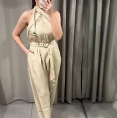 Zara Belted Long Jumpsuit With Beading Sz M Bnwt Elegant Beige Jumpsuits And Rompers For Summer, Sleeveless Beige Jumpsuit For Night Out, Chic Beige Evening Jumpsuits And Rompers, Beige Jumpsuits And Rompers For Evening, Beige Jumpsuit For Night Out, Elegant Beige Jumpsuits And Rompers For Night Out, Embellished Leggings, Pleather Pants, Long Jumpsuit