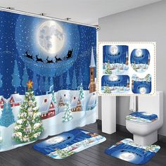 a bathroom decorated for christmas with santa's sleigh in the night sky