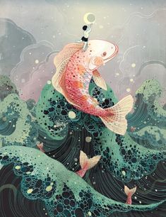 a painting of a fish with bubbles in its mouth sitting on top of a wave