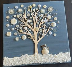 a snowman sitting under a tree made out of buttons on a blue board with white lace