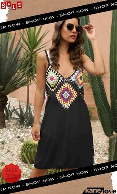 Openwork Sleeveless Embroidery Dress Summer V-neck Dress With Geometric Embroidery, Multicolor Sleeveless Mini Dress For Beach, Sleeveless Black Summer Dress For Beach Season, Black Spaghetti Strap Dress For Beach Season, Sleeveless Black Sundress For Beachwear, Black Sleeveless Sundress For Beachwear, Sleeveless Black Beachwear Sundress, Black Sleeveless Beachwear Sundress, Black Sleeveless Dress For Spring Beach