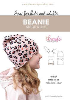 the beanie sewing pattern is shown with instructions to sew for girls and adults