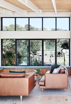 a living room filled with lots of furniture next to large windows on top of a wooden floor