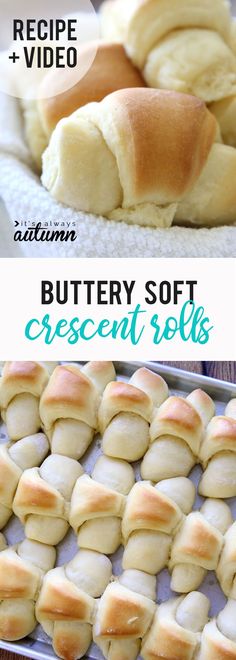 buttery soft crescent rolls on a baking sheet and in a pan with text overlay