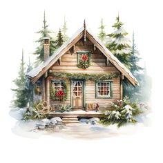 a watercolor painting of a log cabin with wreaths on the door and windows