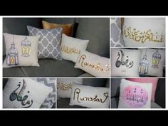 many different pillows with embroidered designs on them