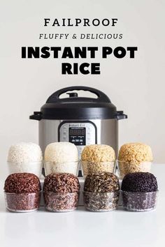 six different types of rice in front of an instant pot