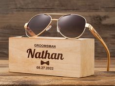 "Groomsmen Sunglasses, Groomsmen Gifts, Custom Engraved Sunglasses, Groomsmen Proposal, Personalized Wooden Sunglasses, Wedding gift for guys CUSTOM WOOD SUNGLASSES, This sunglass is made of bamboo Wood for legs and PC for lens frame. You can customize the style you like for your husband,boy friend and father. It is also a great wedding gift for groomsman , best men . POLARIZED WOOD SUNGLASSES: Polarized lenses offer 100% UVA / UVB protection and fully protect against harmful ultraviolet rays. 1 Groomsman Glasses, Personalized Sunglasses Wedding Favors, Groomsman Whiskey Glasses, Groomsmen Sunglasses, Engraved Groomsmen Gifts, Custom Sunglasses, Wedding Gifts For Groomsmen, Wood Sunglasses, Wooden Sunglasses