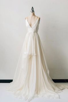 Simple v neck white chiffon long prom dress, white evening dress V Neck Dress Wedding, Toole Wedding Dress, Tiered A Line Wedding Dress, Formal Dresses Big Bust, V Neck White Dress, Deep V Neck Wedding Dress, White Chiffon Dress, A Line V Neck Wedding Dress, Wedding Dresses V Neck