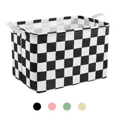 a black and white checkered storage basket