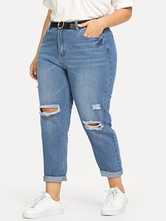 Plus Ripped Rolled Up Hem Jeans -SheIn(Sheinside) Plus Size Mom Jeans, Moda Pinup, Raw Hem Jeans, Hem Jeans, Jeans Online