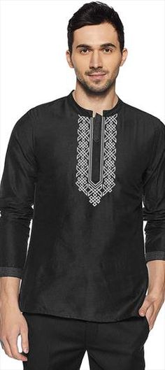 Black and Grey color Kurta in Dupion Silk fabric with Embroidered work Black Cotton Kurta With Embroidered Border, Black Embroidered Cotton Kurta, Black Embroidered Fabric With Motifs For Eid, Black Embroidered Fabric With Border For Eid, Black Embroidered Fabric With Embroidered Border For Eid, Traditional Black Cotton Embroidered Fabric, Traditional Black Embroidered Cotton Fabric, Dupion Silk, Wearing Black