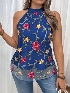 Plus Size Summer Casual Embroidered Flower Halter Neck Blouse Navy Blue Boho  Sleeveless Woven Fabric Floral,Plants,All Over Print Top Non-Stretch  Women Plus Clothing, size features are:Bust: ,Length: ,Sleeve Length: Sleeveless Floral Embroidery Vacation Blouse, Sleeveless Spring Embroidered Top With Floral Embroidery, Sleeveless Embroidered Summer Beach Top, Sleeveless Embroidered Floral Top For Spring, Sleeveless Embroidered Top With Floral Design For Spring, Floral Embroidery Sleeveless Tank Top For Summer, Blue Floral Print Tank Top, Summer Sleeveless Tank Top With Floral Embroidery, Sleeveless Floral Embroidery Tank Top For Summer