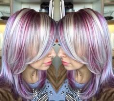 . Hair Color Ideas For Graying Hair Mom, Lavender Hair Streak, Purple Lowlights, Purple Hair Streaks, Purple Blonde Hair, Color Block Hair