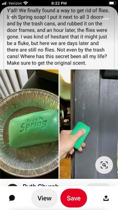 a person holding a green soap bar in their left hand and an image of a trash can with the word spring on it