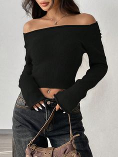 Casual Solid Color Off Shoulder Sweater, Autumn Black Casual  Long Sleeve Fabric Plain Pullovers Medium Stretch Spring/Fall Women Clothing, size features are:Bust: ,Length: ,Sleeve Length: Cute Off The Shoulder Tops, Off Shoulder Top And Jeans, Off The Shoulder Black Top, Off The Shoulder Sweater, Sweater Autumn, Fairy Fashion, Off Shoulder Sweater, Women Legs, Women's Shapewear